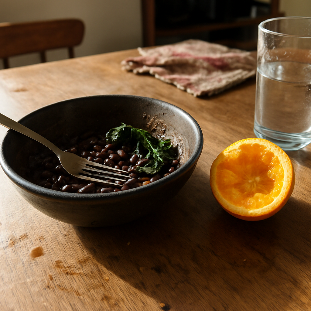 Prato fundo com feijão e folhas escuras já meio comido, metade de uma laranja espremida com suco escorrendo ao lado, garfo apoiado dentro do prato.