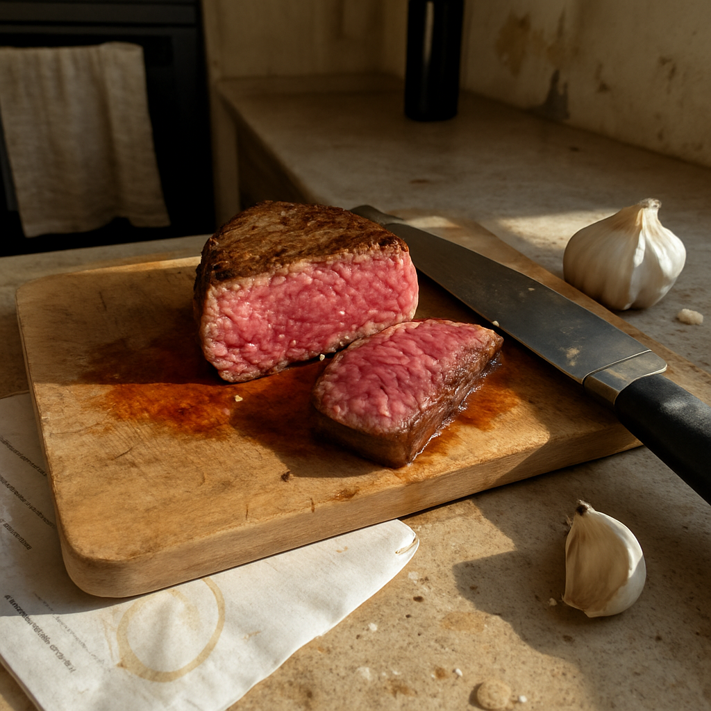 Pedaço de carne vermelha já fatiado em tábua de madeira riscada, com faca larga apoiada de lado e folha de exame laboratorial dobrada e parcialmente encoberta pela tábua, bancada de cozinha com migalhas e marca de xícara ao fundo.