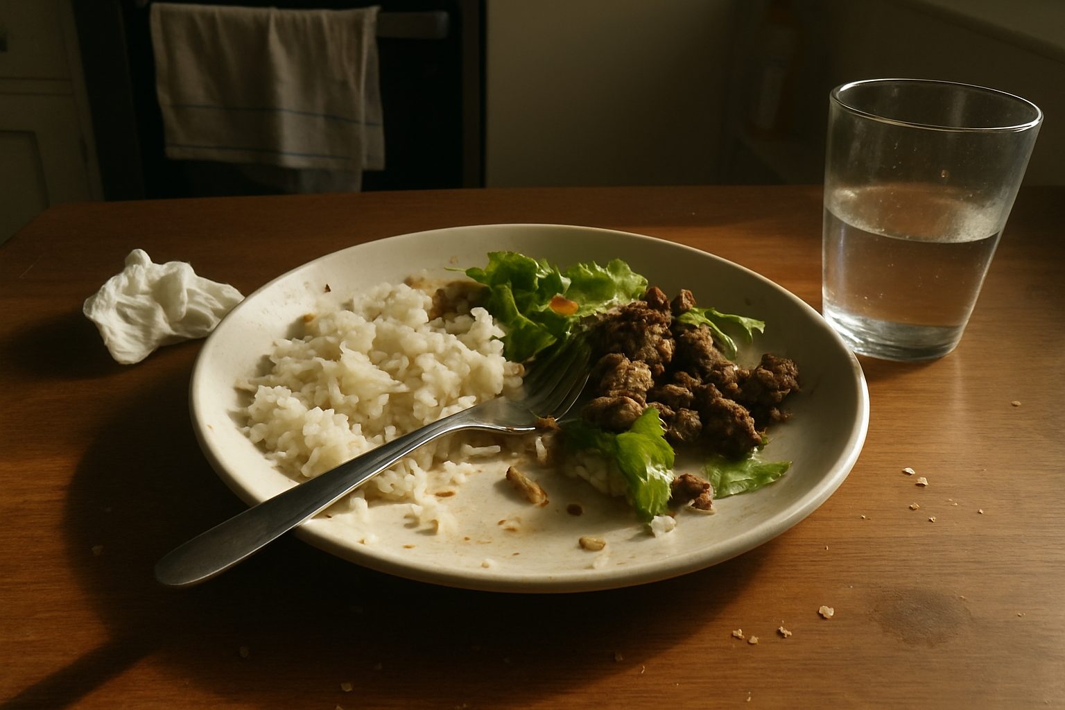 Prato com restos de comida e um copo com marca de dedo sobre uma mesa de madeira com migalhas e garfo usado ao lado