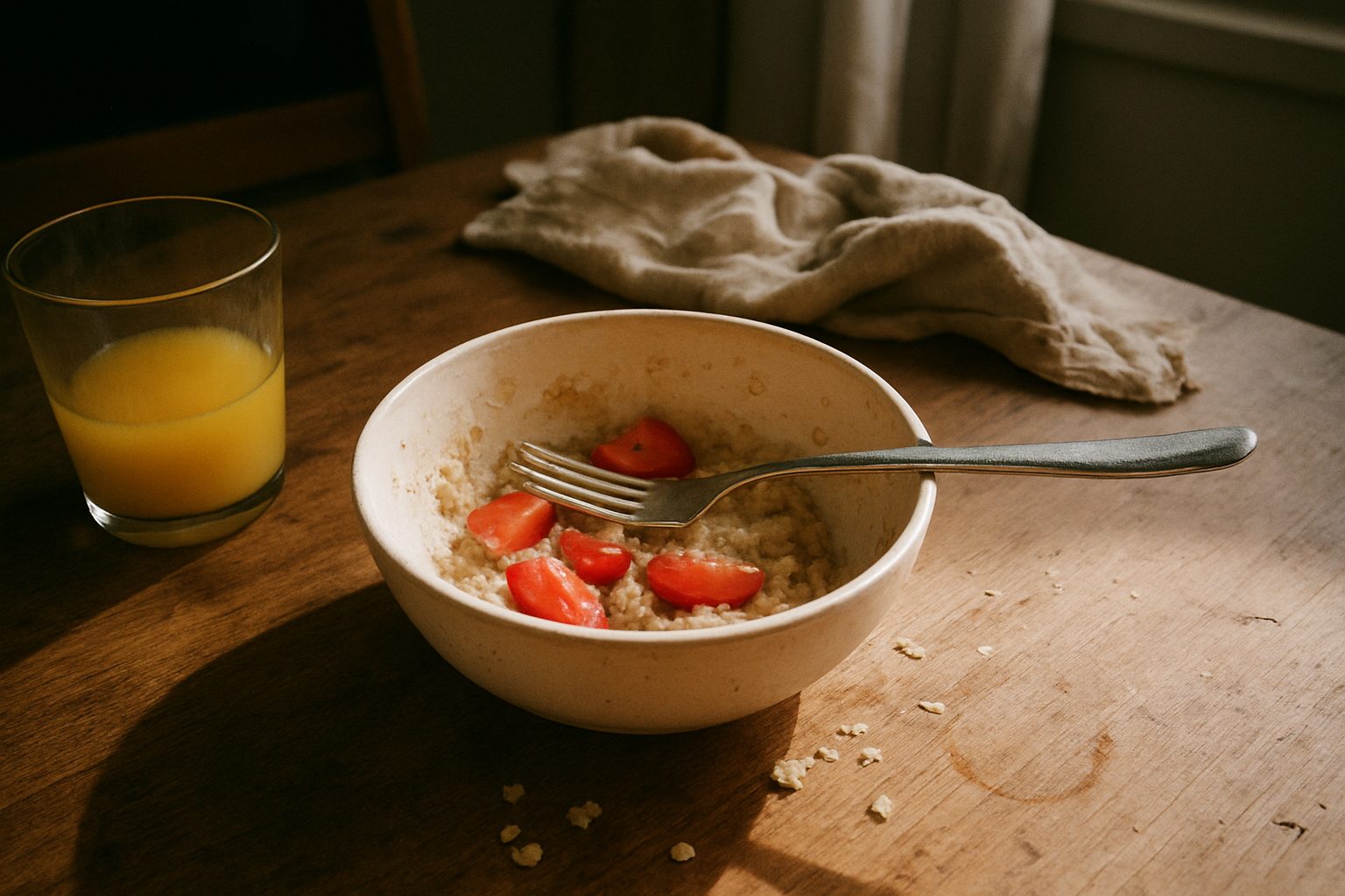 Tigela com restos de aveia e frutas sobre mesa com toalha amassada, garfo sujo apoiado na borda e copo de suco parcialmente saindo do quadro