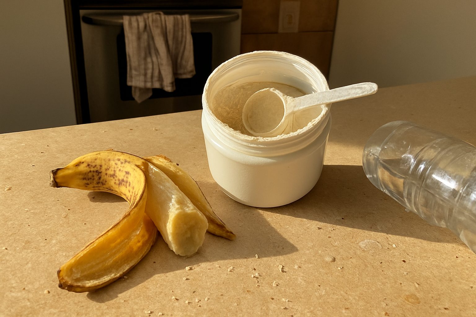 Pote de whey protein aberto com colher suja de pó apoiada na lateral, ao lado de um copo de água com marca de dedo e uma banana pela metade sobre bancada de cozinha com migalhas espalhadas