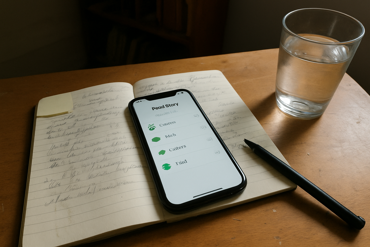 Celular apoiado em cima de um caderno aberto sobre mesa, com tela mostrando um aplicativo de diário alimentar e um copo de água com marca de dedo ao lado