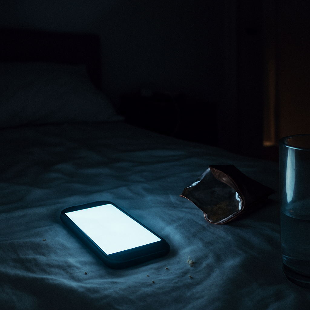 Tela de celular acesa iluminando embalagem aberta de alimento sobre cama desarrumada à noite
