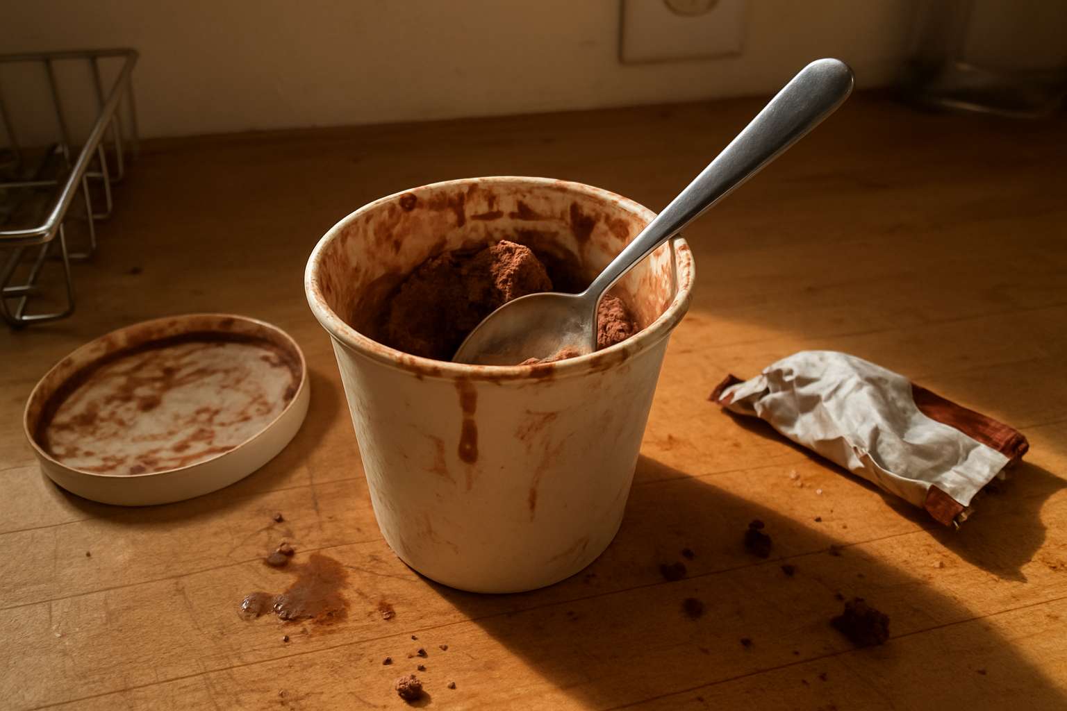 Pote de sorvete de chocolate aberto com colher suja dentro, sobre bancada de cozinha com migalhas e uma embalagem amassada ao lado