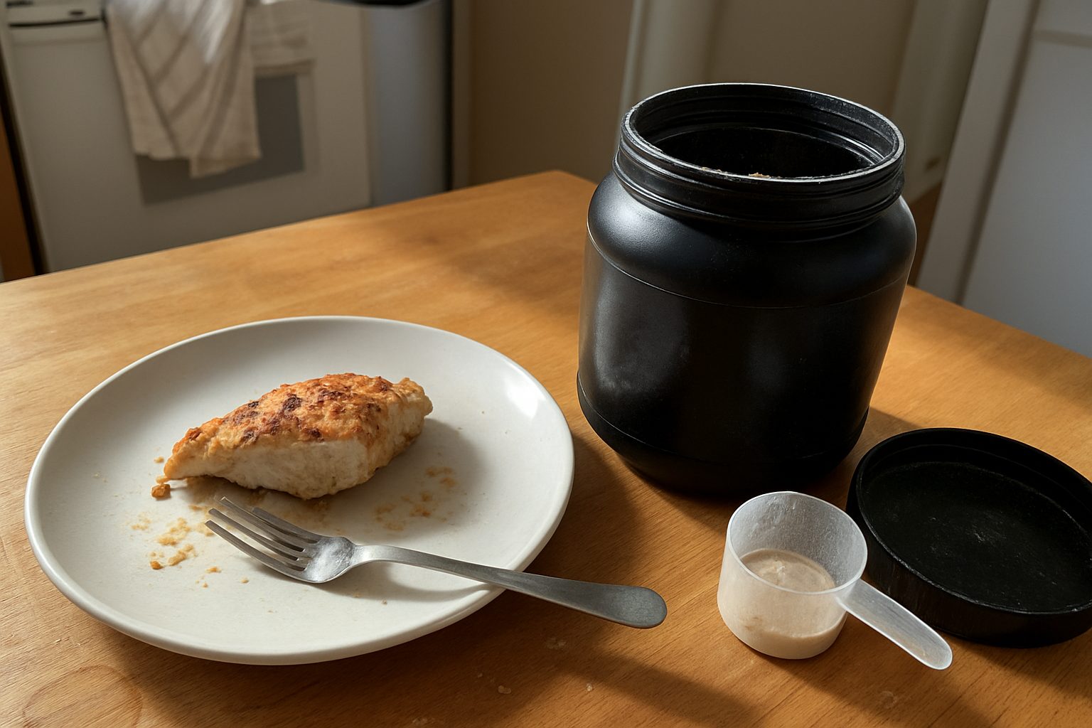 Pote de proteína em pó aberto com colher apoiada dentro, ao lado de frango grelhado pela metade em prato simples sobre mesa de cozinha