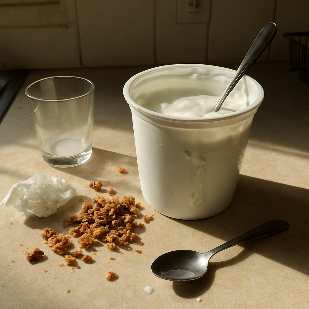 Pote de iogurte grego aberto com colher dentro e borrão branco na lateral, sobre bancada com granola derramada e luz amarelada de tarde
