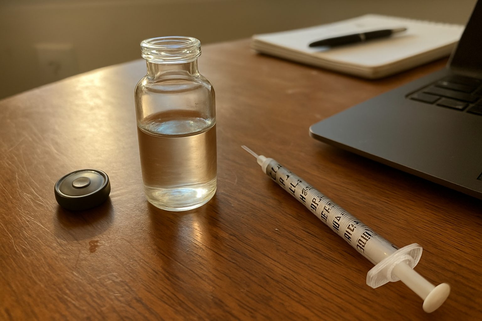 Frasco de ipamorelin aberto com tampa ao lado e pequena seringa usada sobre mesa de madeira riscada, à luz de janela com sombra dura