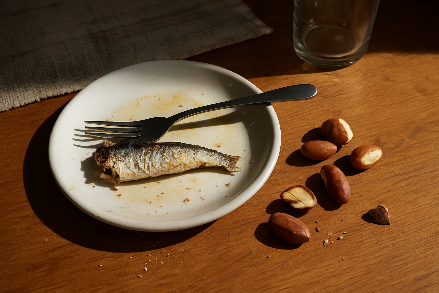 Prato com sardinha pela metade já começada, garfo apoiado em cima, ao lado de um punhado de nozes-do-brasil espalhadas na bancada, uma delas partida ao meio, com migalhas e uma marca de copo na madeira ao fundo