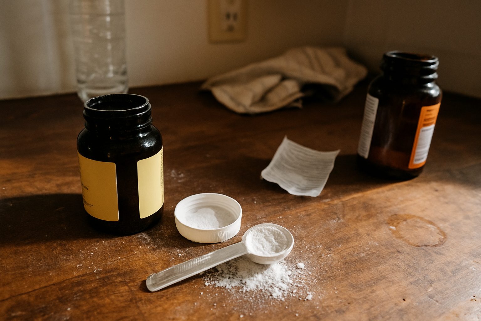 Pote aberto de selênio quelado com a tampa virada ao lado, colher de medida com pó derramado, frasco de vitamina D com tampa aberta e bula amassada, sobre bancada de cozinha com manchas de uso e garrafa de água ao fundo levemente desfocada
