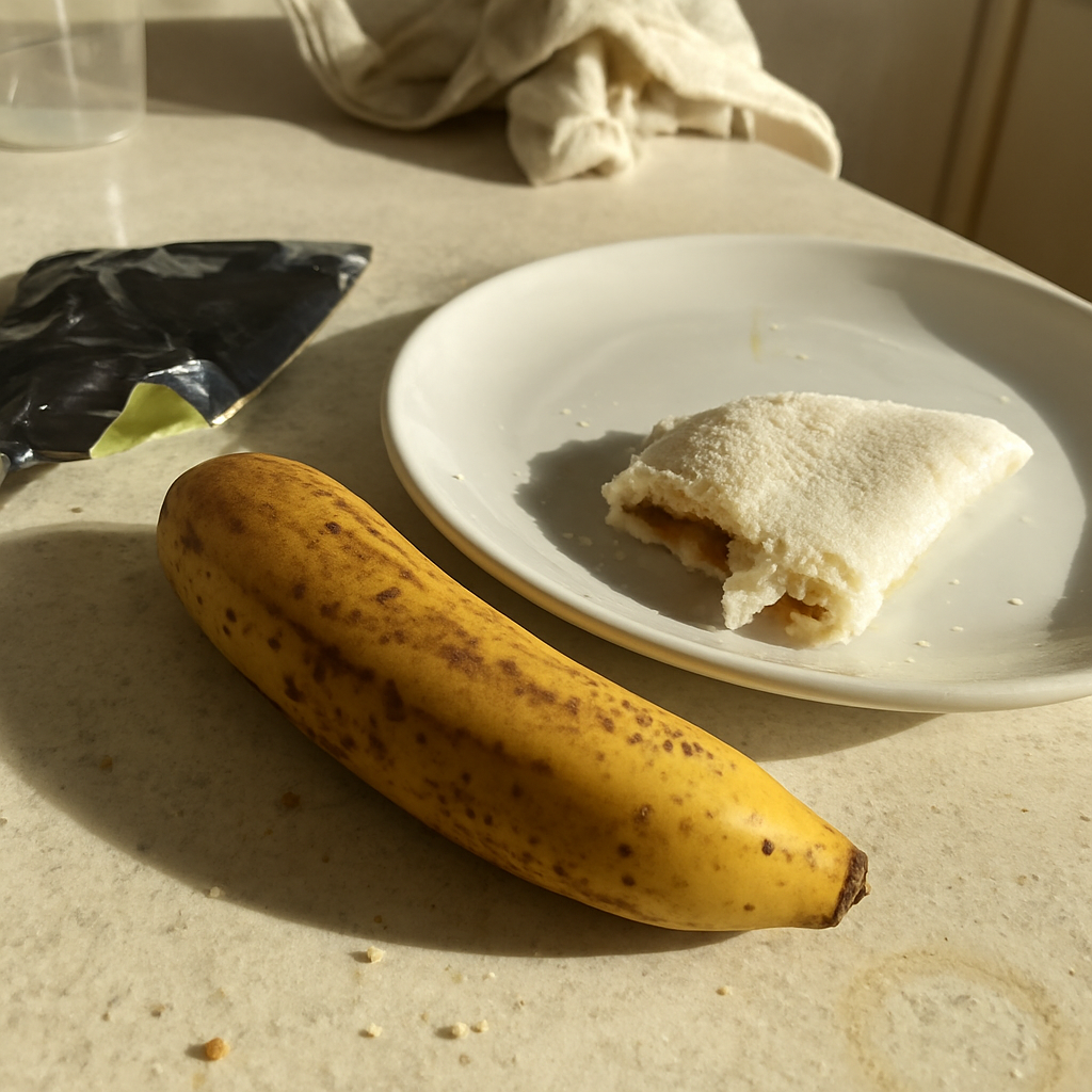 Bancada de cozinha com banana levemente madura, tapioca dobrada com uma mordida tirada e migalhas ao redor, e um gel de carboidrato aberto com resíduo na embalagem amassada.