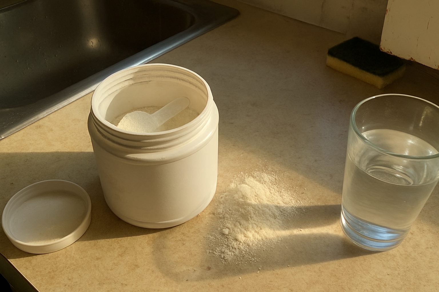 Pote de whey protein aberto com colher de medida suja dentro, ao lado de um copo de água com marca de dedo, sobre pia de cozinha com respingos de água