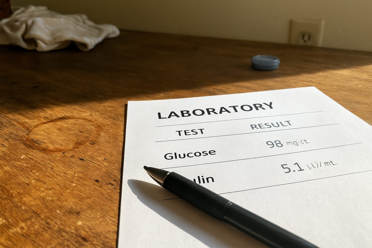 Resultado de exame laboratorial impresso sobre bancada de madeira riscada, com caneta esferográfica sobre o papel, marca de xícara na madeira e restos de café ao lado
