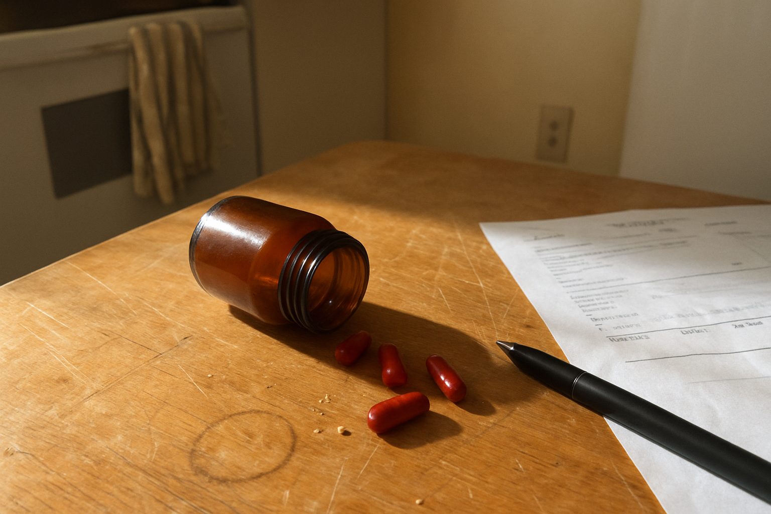Pote aberto de vitamina B12 com cápsula caída ao lado, sobre mesa de madeira com arranhados, resultado de exame de sangue parcialmente visível ao fundo e caneta largada em cima