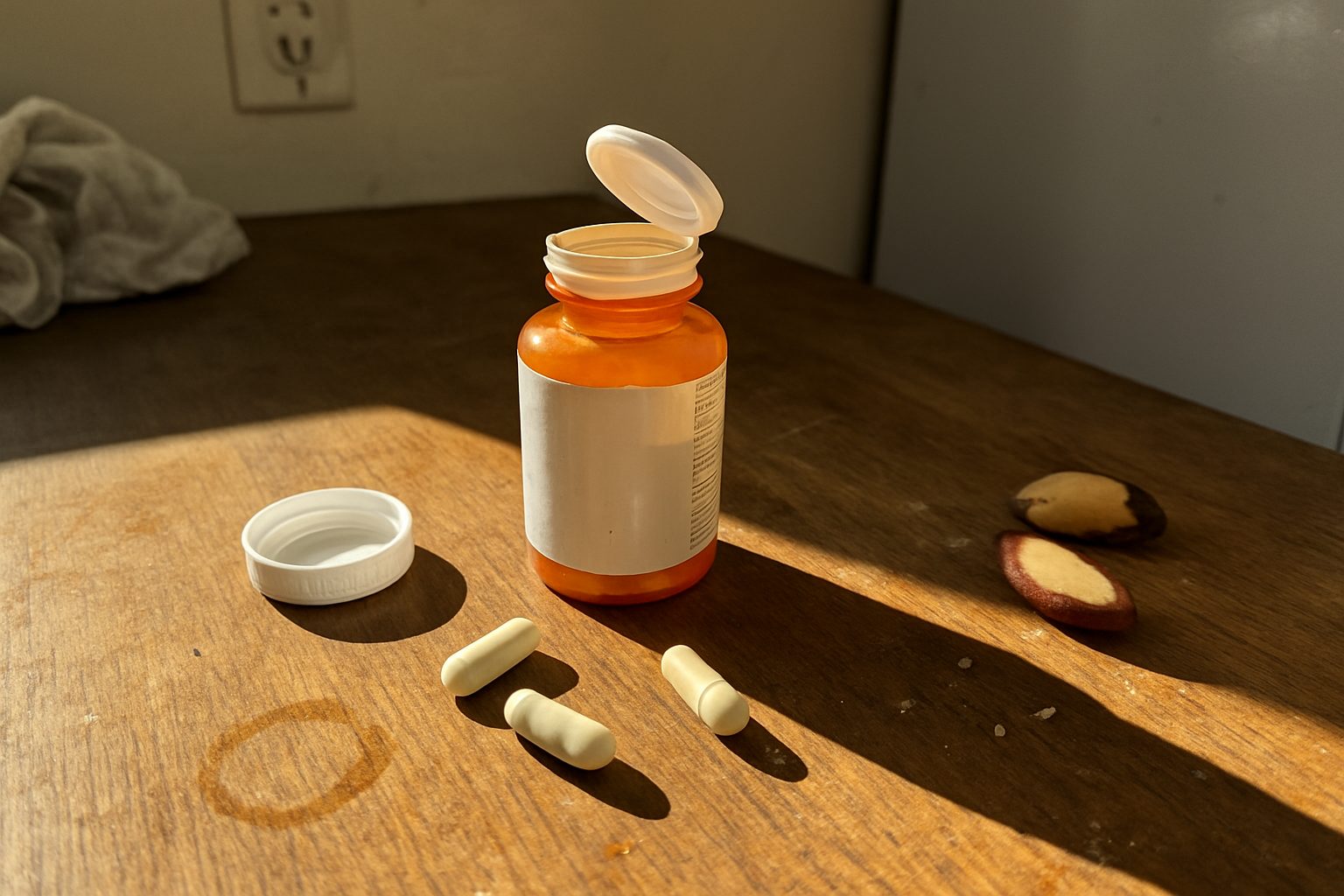 Pote de vitamina D aberto com a tampa virada ao lado, comprimidos espalhados sobre uma bancada de madeira gasta, castanhas-do-Pará ao fundo parcialmente fora do quadro, luz dura de janela criando sombra intensa