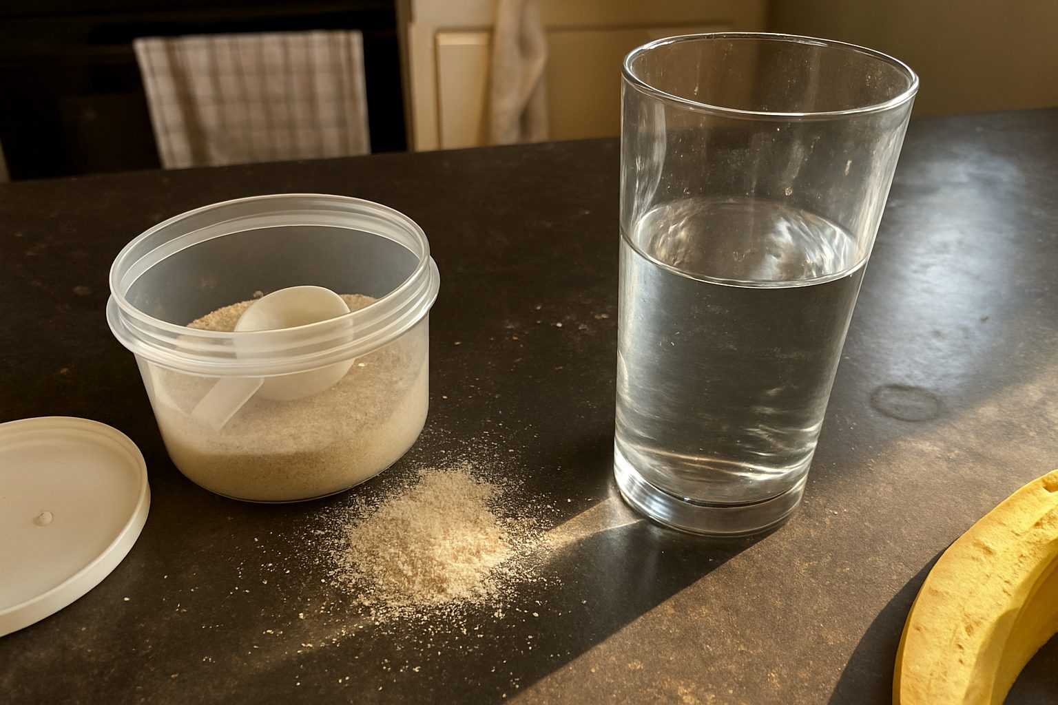 Garrafa de água com marca de dedos ao lado de um pote aberto de psyllium com colher suja de pó sobre bancada de cozinha com migalhas e gota d'água