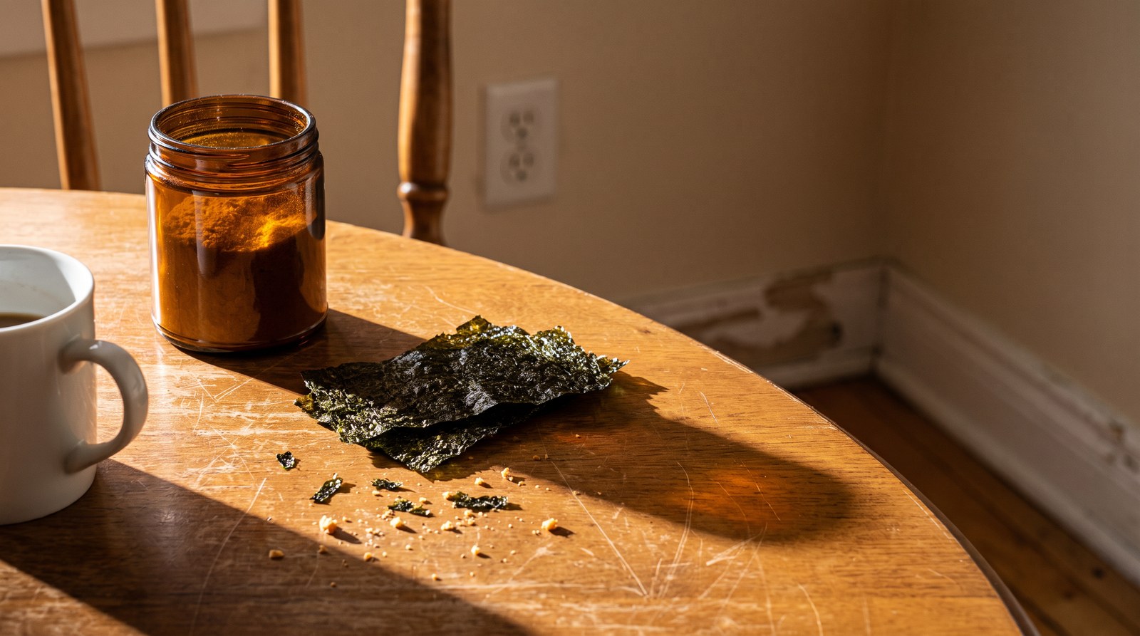 Folhas de alga marinha seca empilhadas sobre mesa de madeira arranhada ao lado de pote de vidro âmbar aberto, com migalhas espalhadas e sol forte entrando pela direita