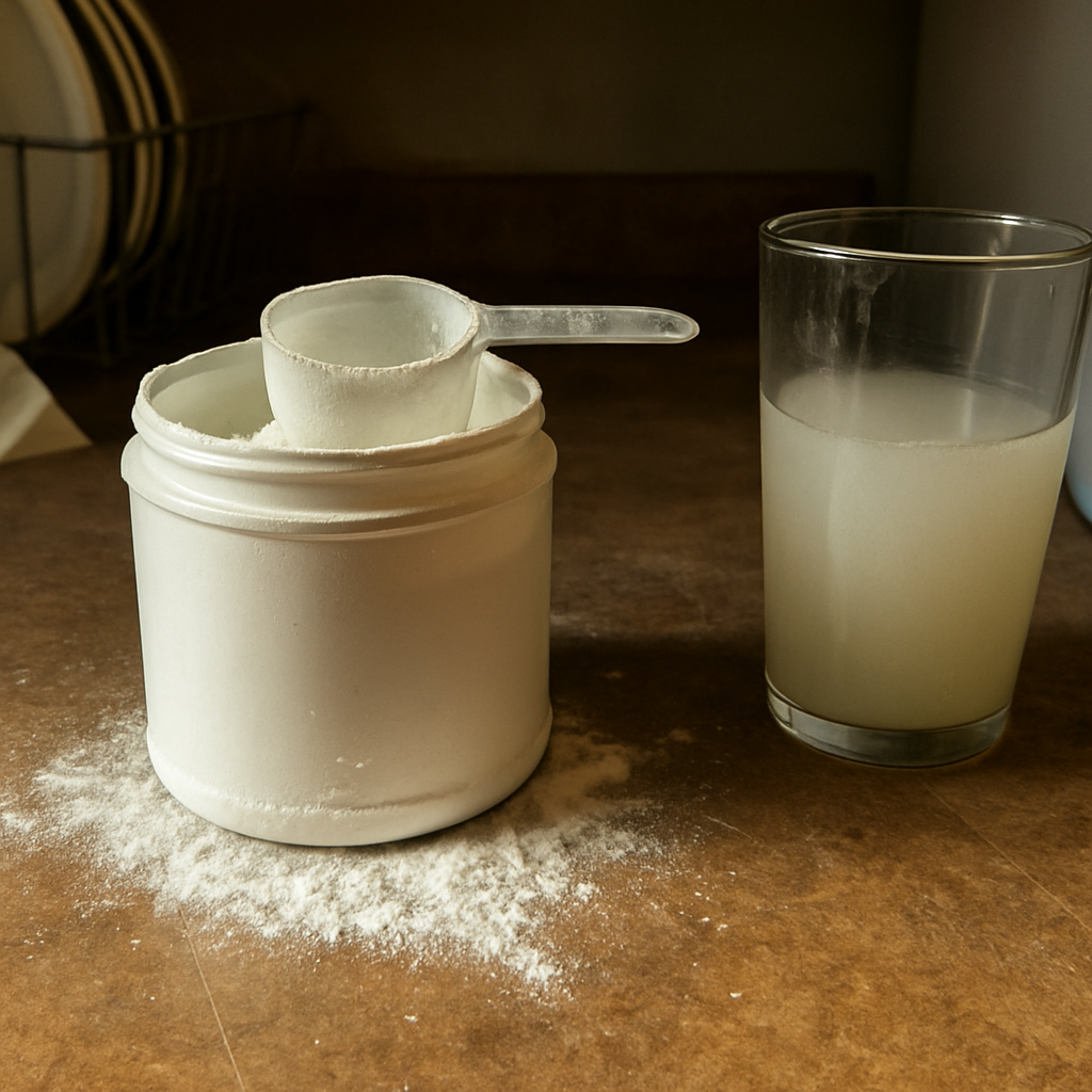 Pote aberto de maltodextrina com colher suja de pó branco apoiada na borda, sobre superfície de madeira riscada com contexto de cozinha ao fundo