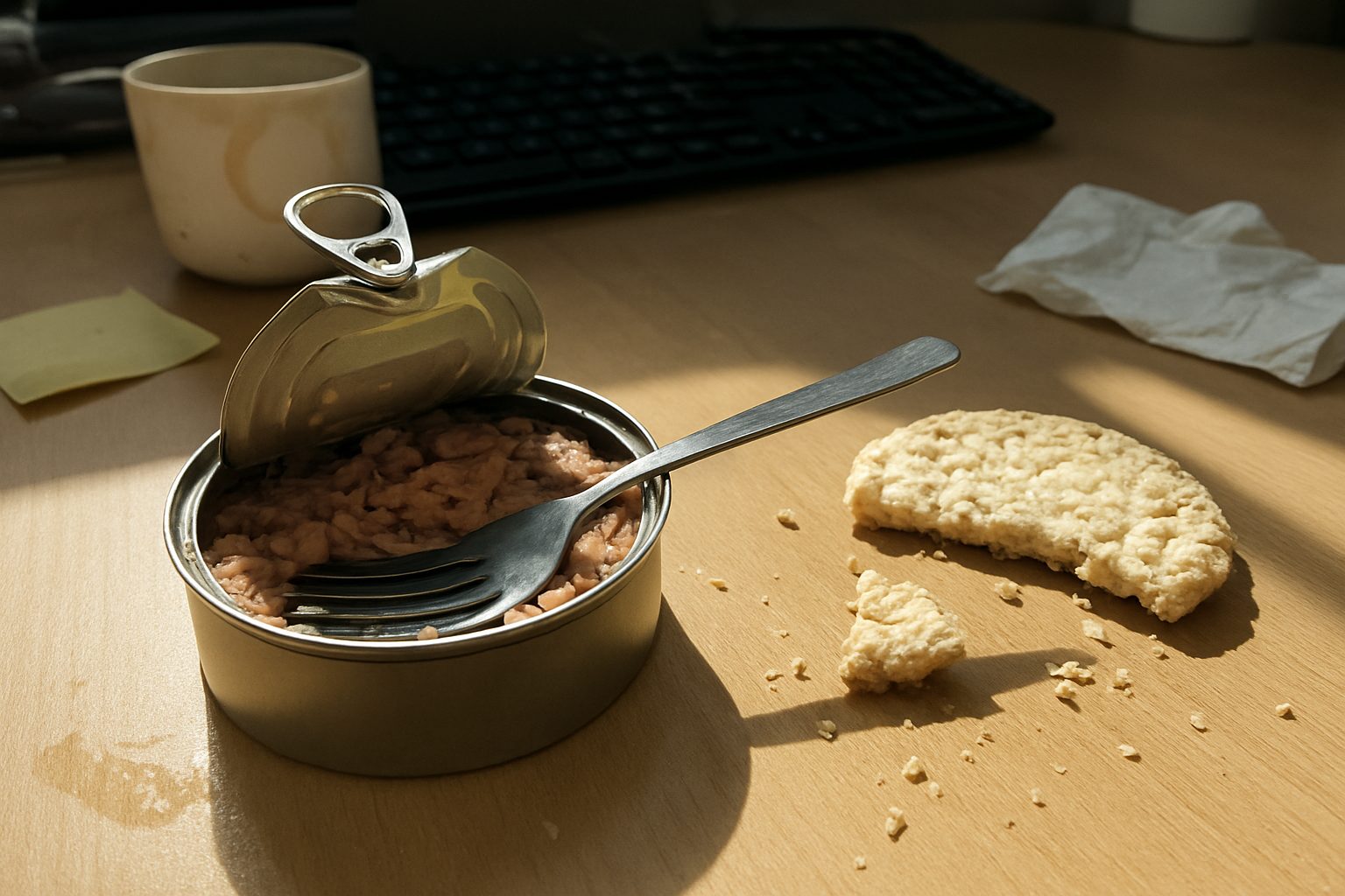Lata de atum aberta com garfo apoiado dentro, ao lado de biscoito de arroz pela metade sobre mesa de escritório