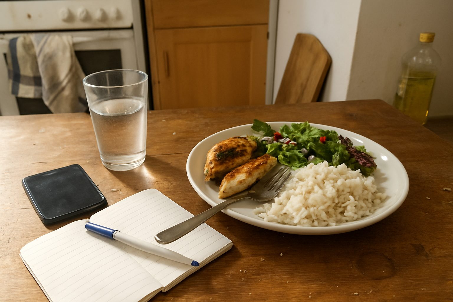 Almoco ja comecado na bancada de uma cozinha de casa, com prato, garfo apoiado, copo de agua e um caderno aberto ao lado