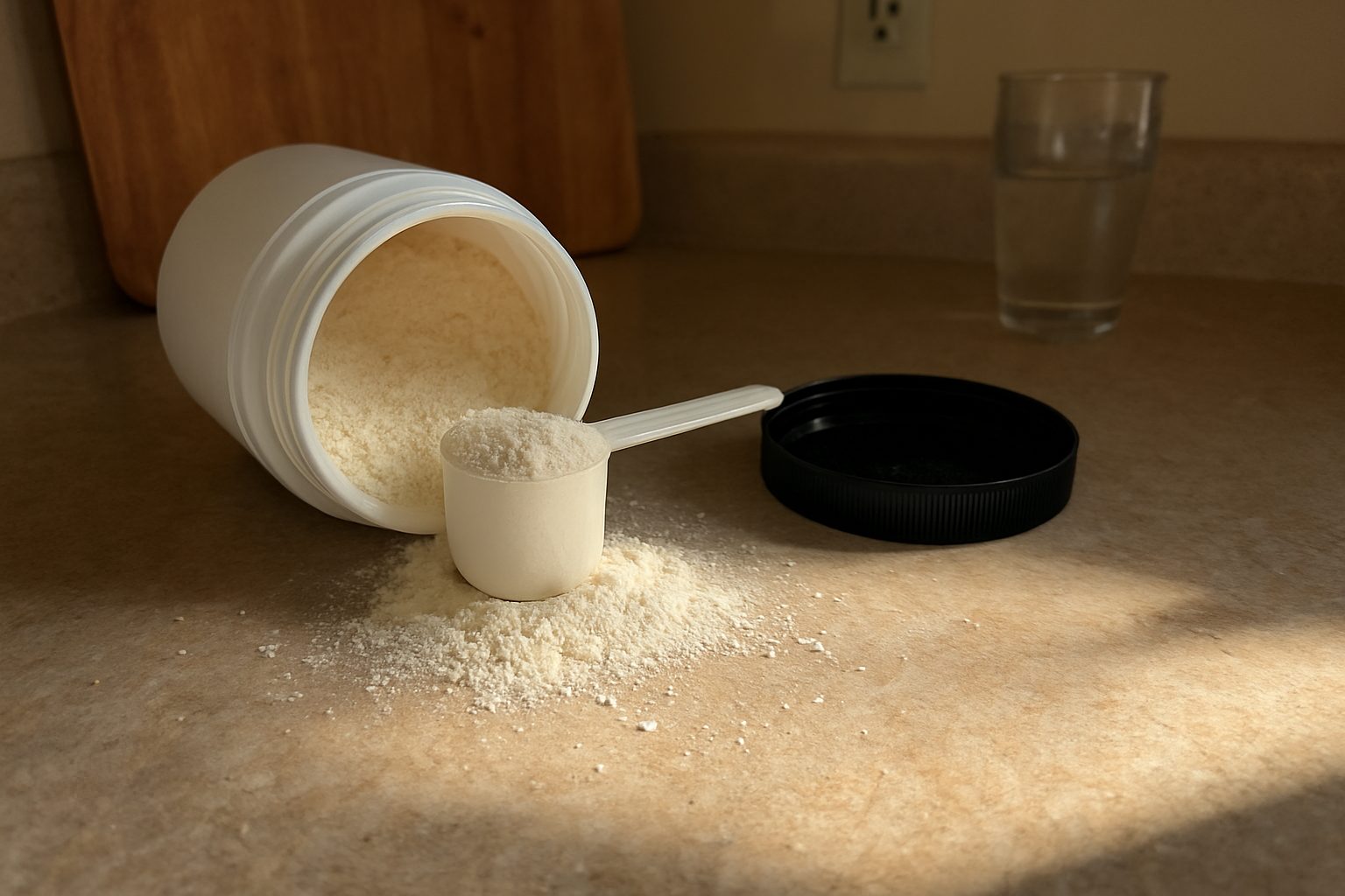 Pote de whey protein aberto com tampa virada ao lado, colher com pó espalhado sobre a bancada, à meia-luz de cozinha doméstica