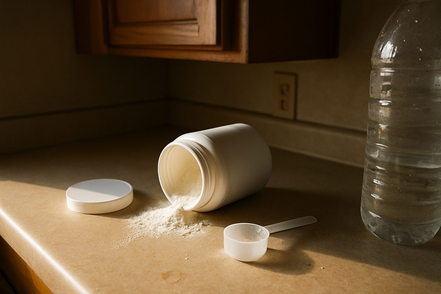 Pote de suplemento aberto sobre bancada, com colher suja de pó ao lado, fundo desfocado com uma garrafa d'água e um armário de cozinha