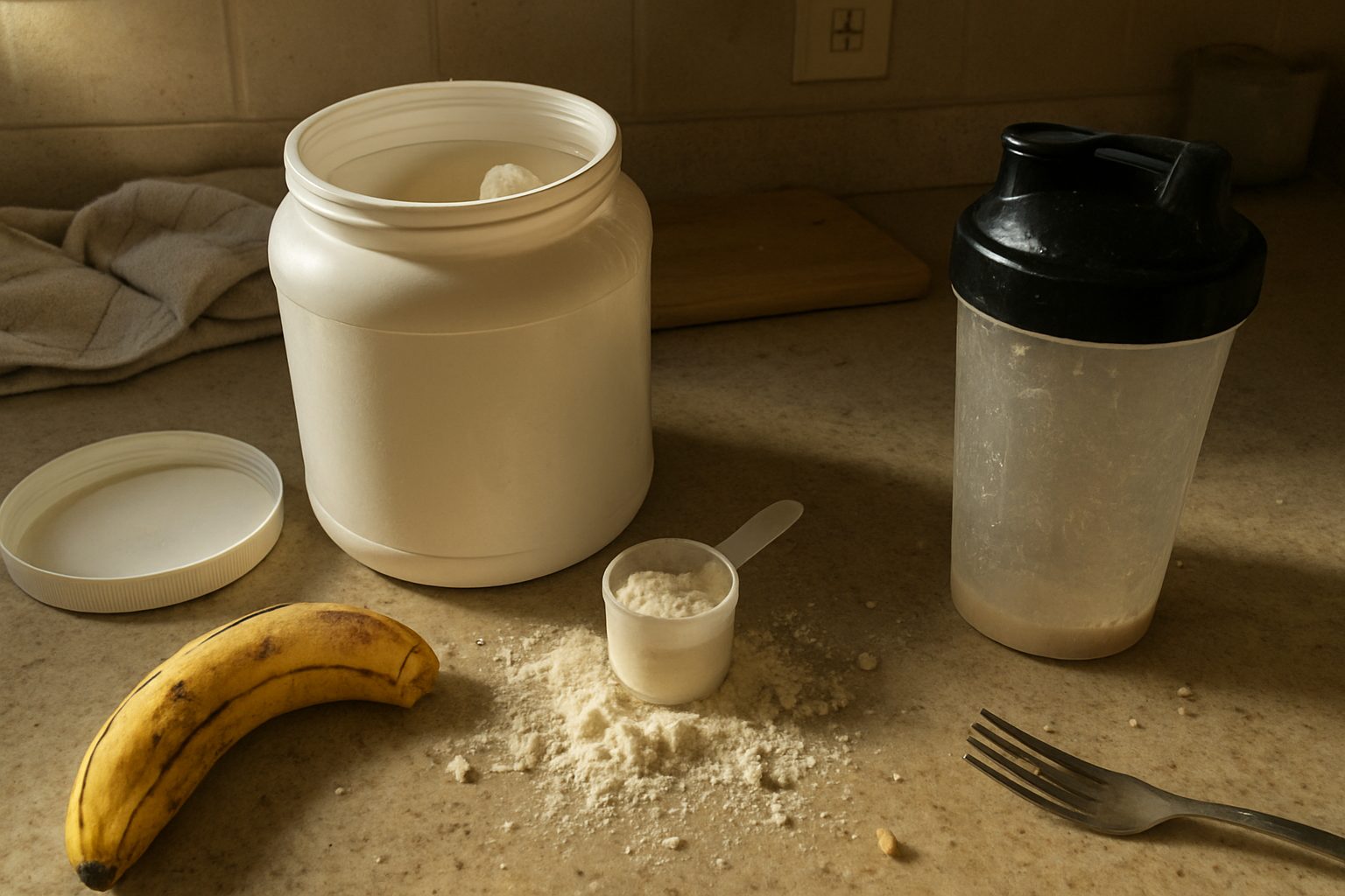 Pote de whey protein aberto com colher cheia de pó apoiada na borda, sobre bancada de cozinha com migalhas e uma garrafinha de água usada parcialmente fora do quadro