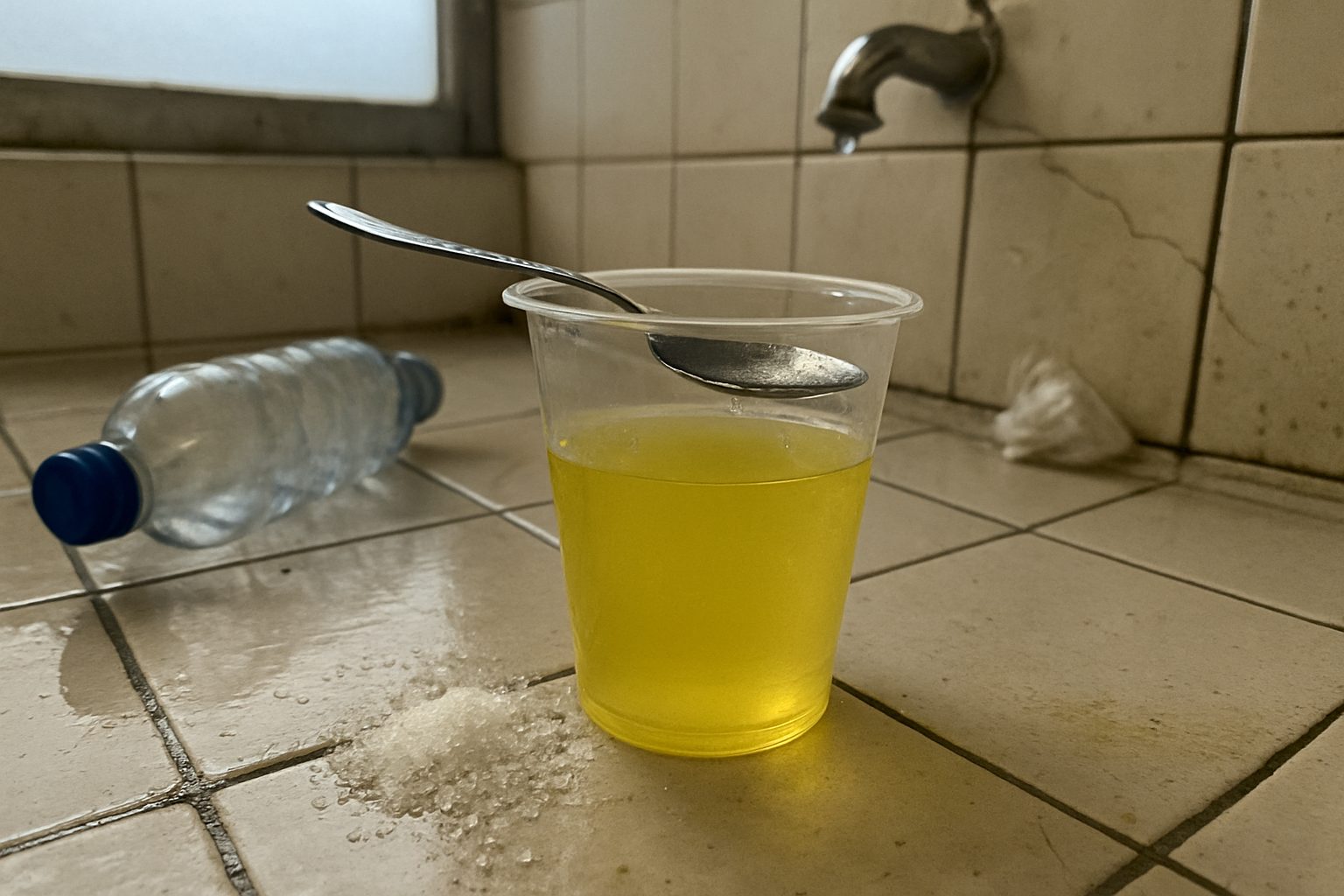 Copo de bebida esportiva com sal grosso derramado ao lado e colher suja sobre uma bancada de azulejo encardido, com garrafa de água aberta parcialmente cortada pela borda esquerda