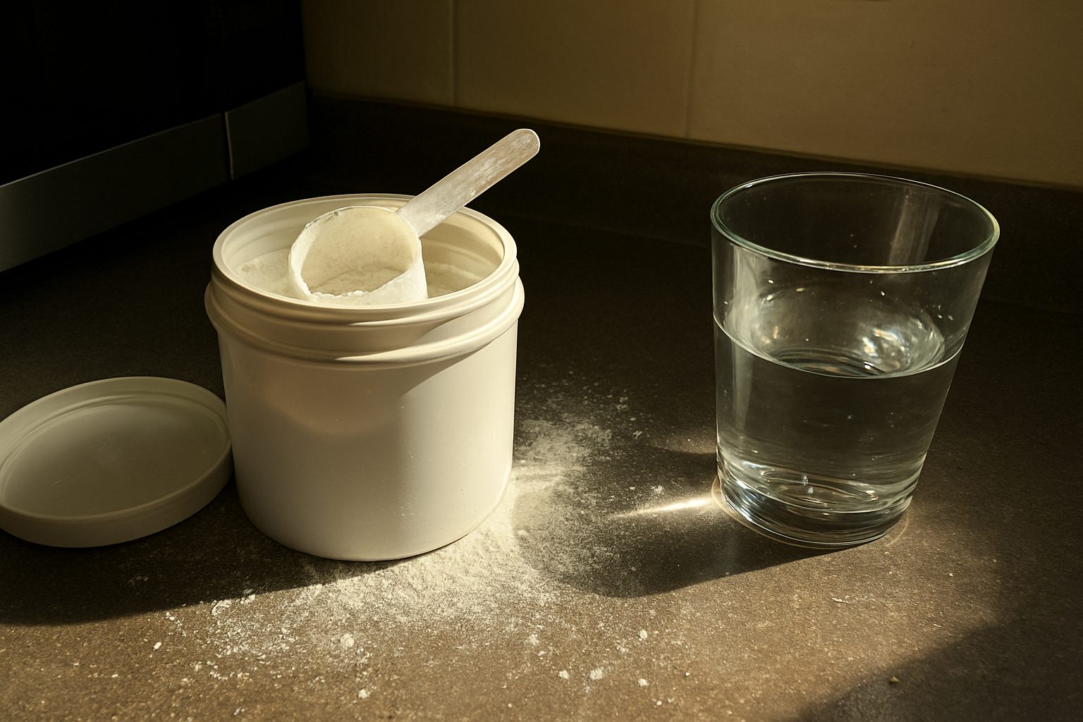 Pote de cafeína em pó aberto com colher suja de pó branco ao lado, sobre bancada com respingos e marcas de uso