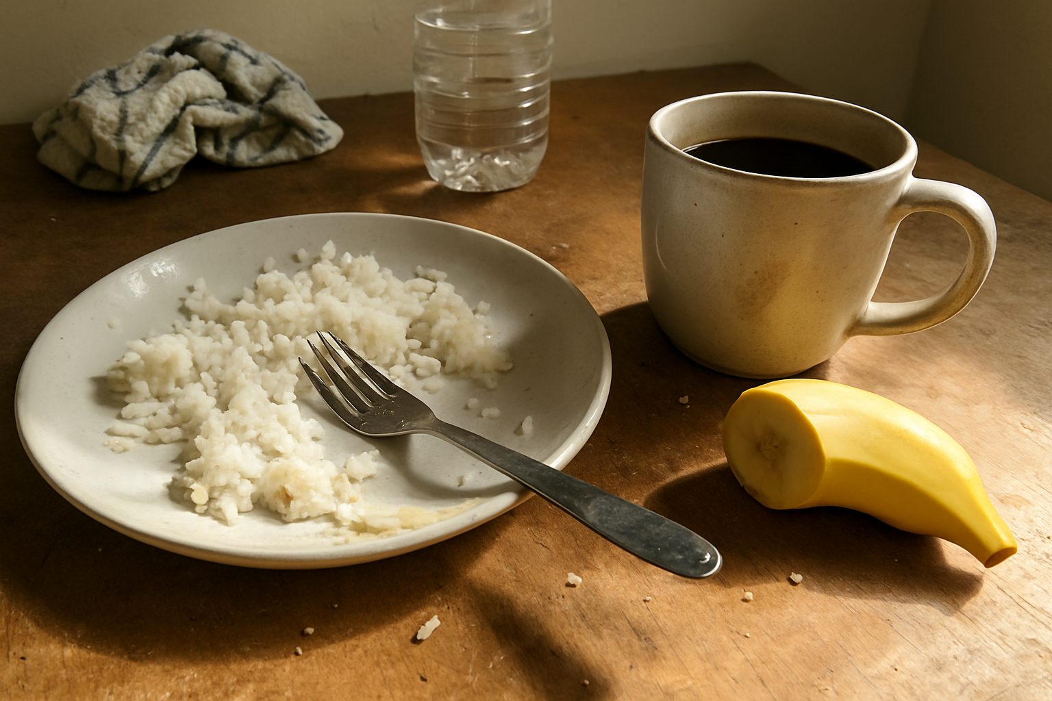 Prato com arroz branco e banana pela metade em mesa de madeira riscada, com garfo sujo apoiado sobre o prato e uma xícara de café com marca de dedo ao lado
