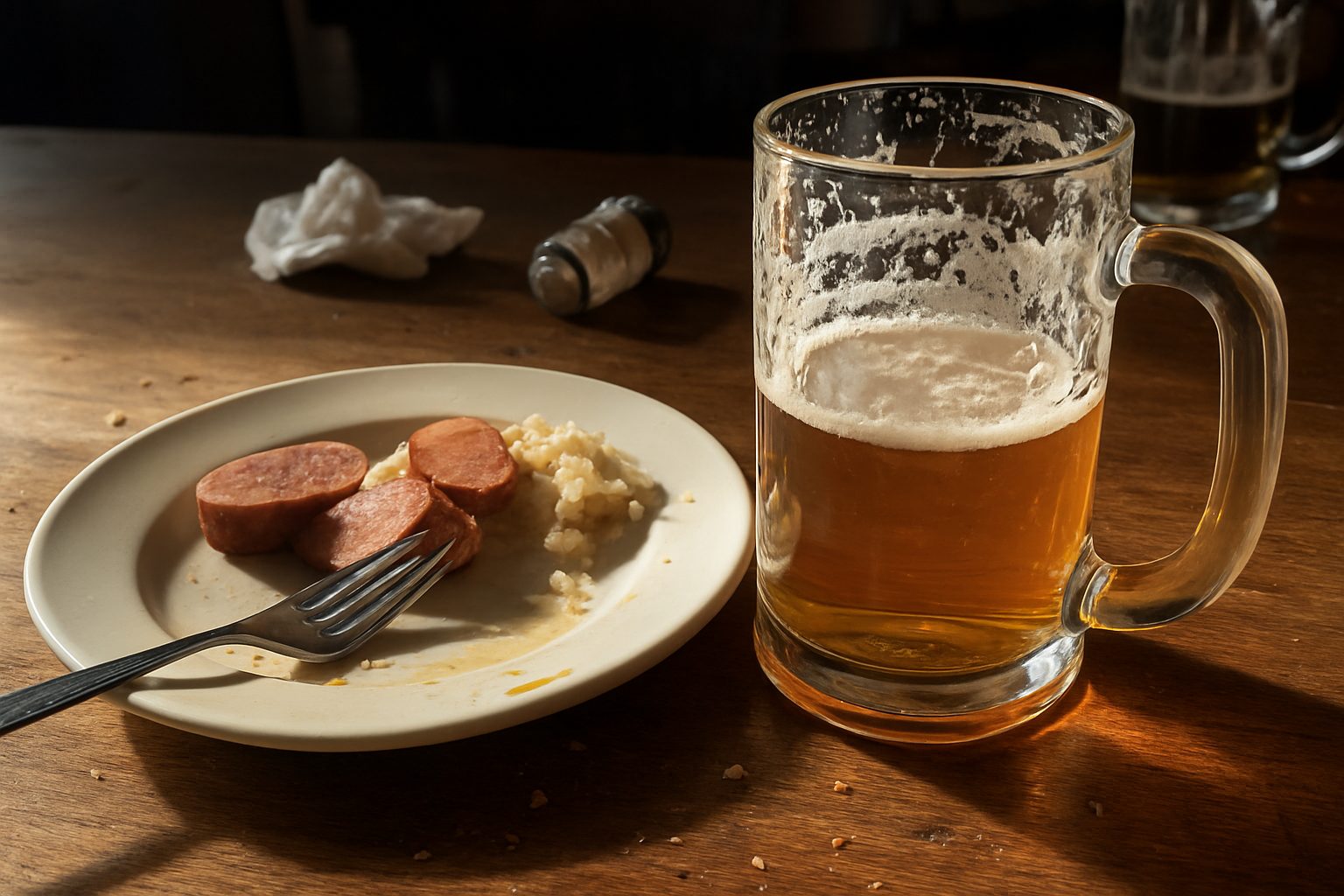 Caneca de cerveja já pela metade sobre mesa de madeira riscada, com prato de comida típica ao fundo desfocado e migalhas espalhadas ao redor