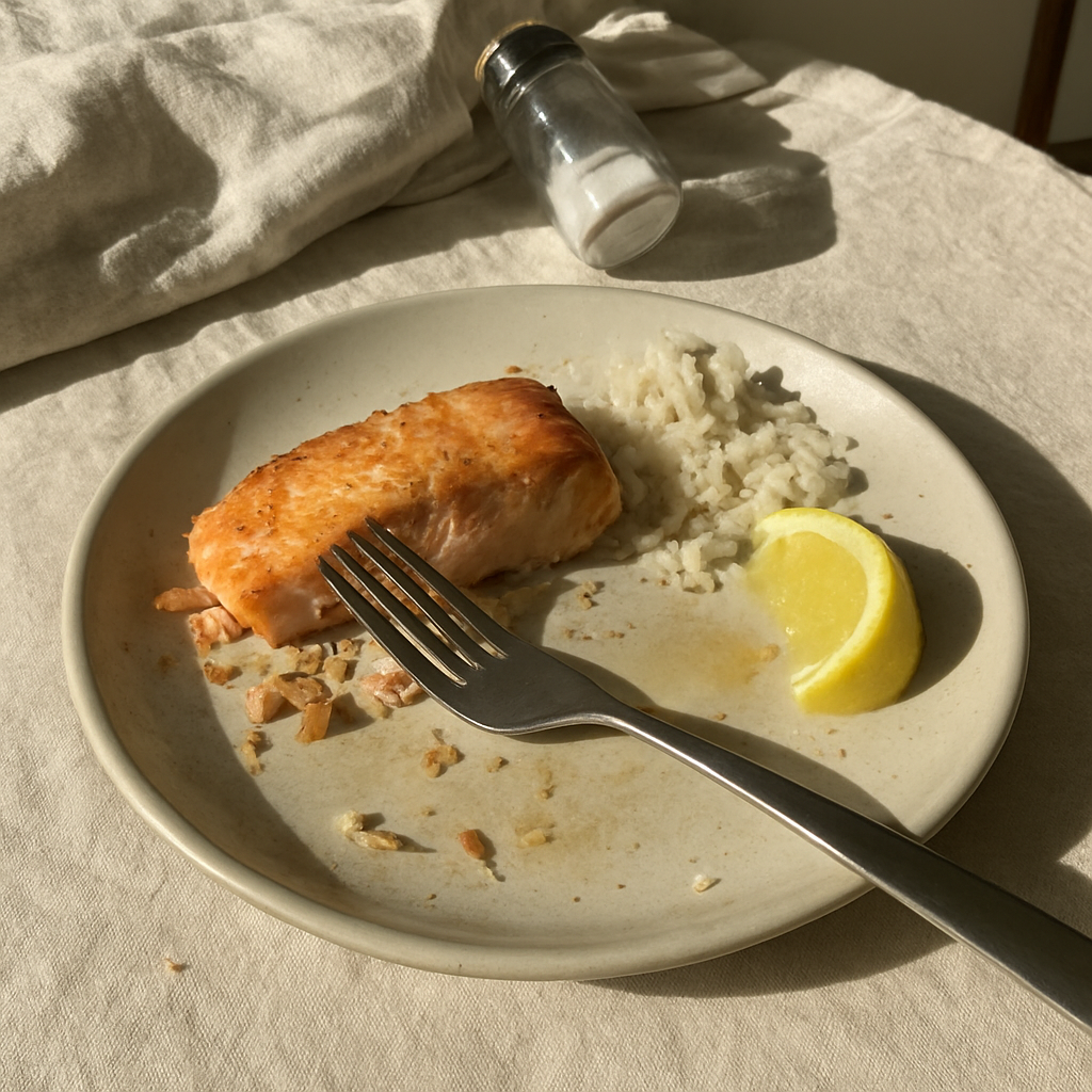 Filé de salmão já pela metade em prato fundo com garfo apoiado sobre a comida, restos de arroz e limão espremido ao lado, numa mesa de jantar com toalha amassada.