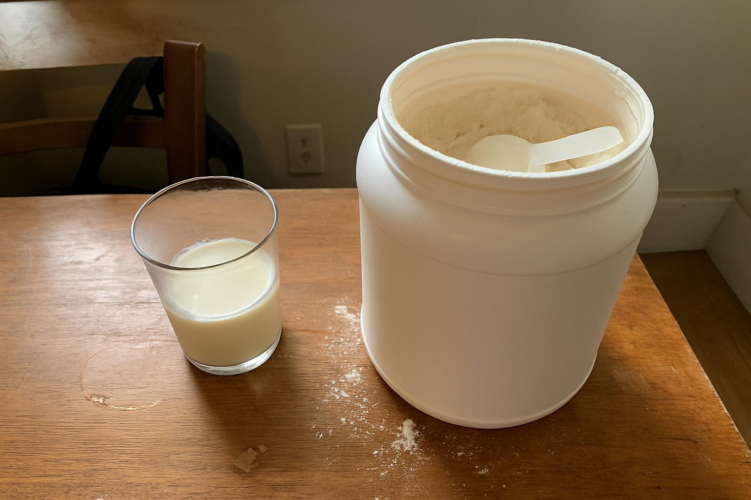 Pote aberto de whey protein com colher suja de pó branco ao lado de um copo com leite pela metade, sobre uma mesa de madeira com marcas de uso