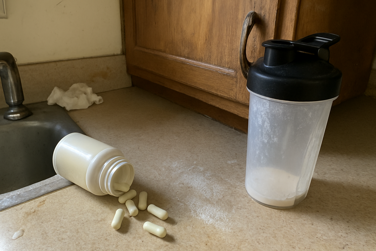 Frasco aberto de vitamina D com cápsulas espalhadas sobre uma bancada de madeira arranhada ao lado de um shaker com pó branco parcialmente dissolvido
