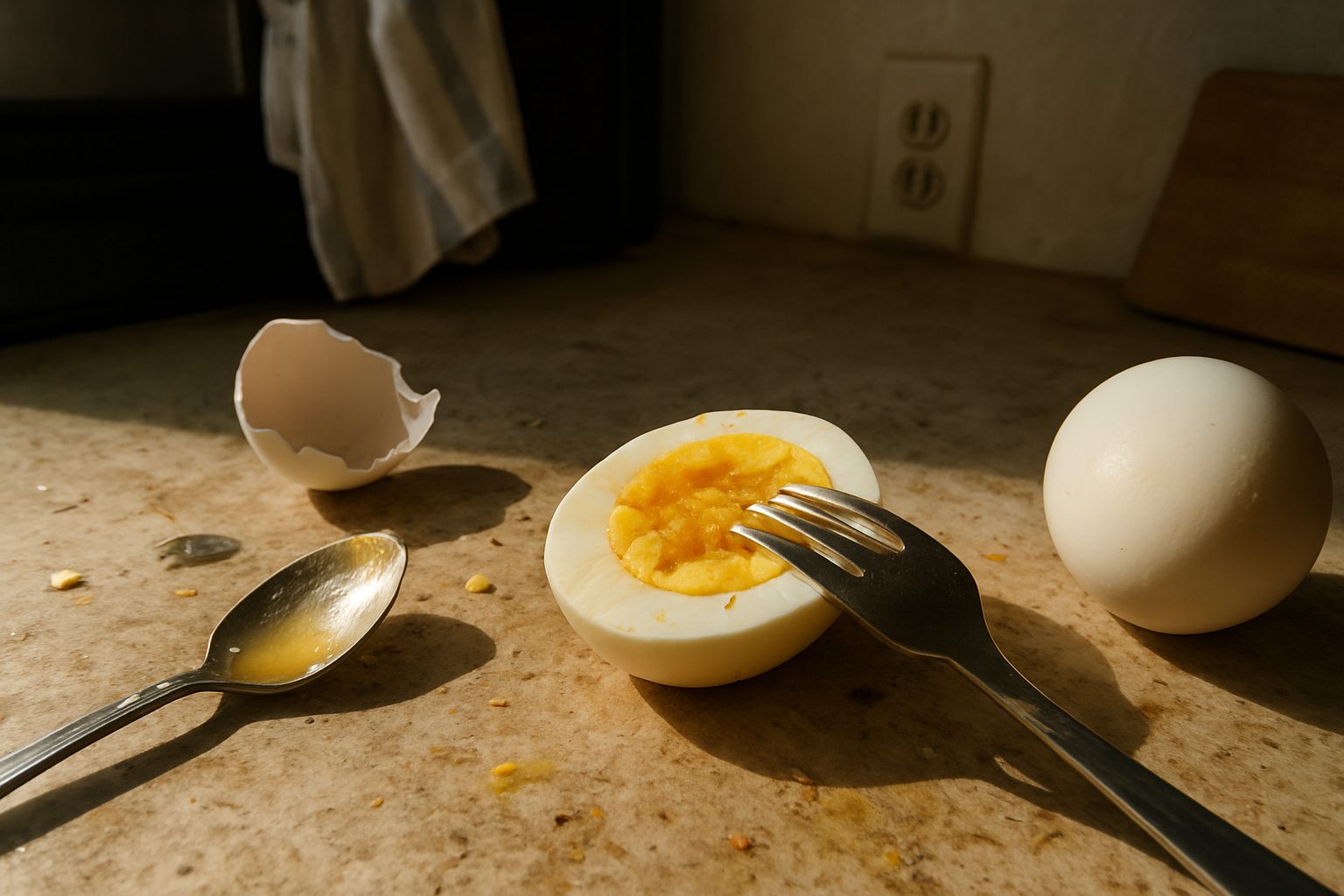 Ovos cozidos pela metade sobre tábua de madeira riscada com casca quebrada ao lado e colher usada