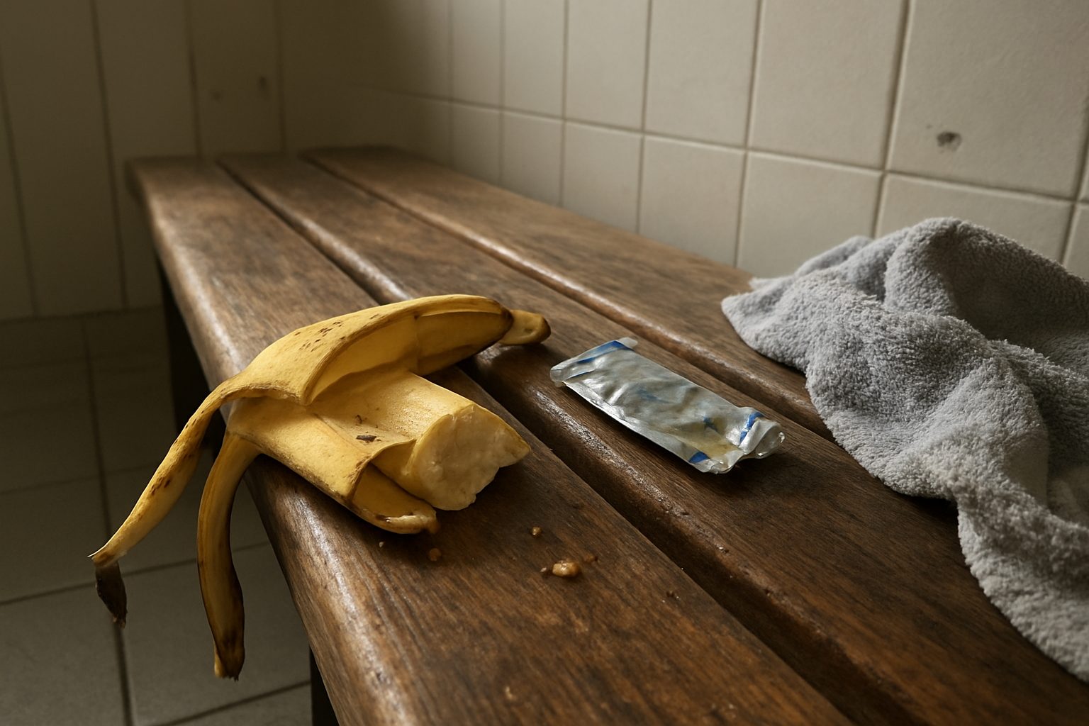 Banana partida pela metade com casca aberta descuidadamente sobre uma mesa de madeira com arranhados, ao lado de uma embalagem rasgada de gel de carboidrato e uma toalha de quadra amassada