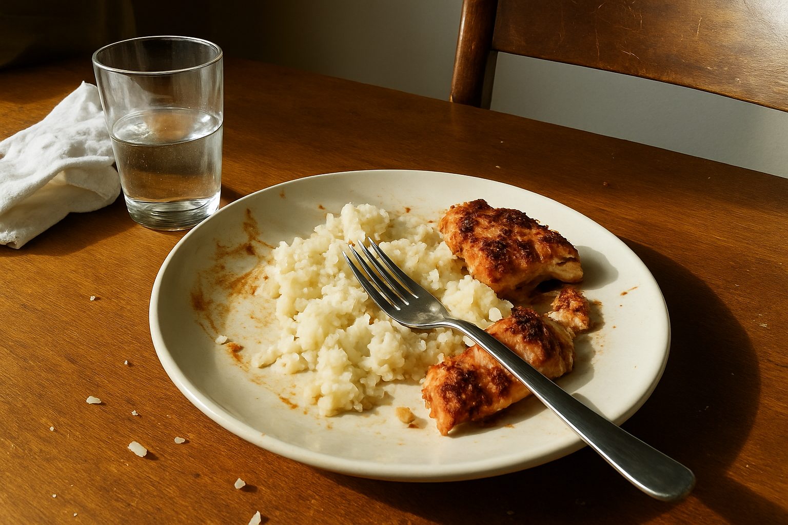 Prato com frango grelhado pela metade e arroz, garfo apoiado sobre a comida, sobre mesa com toalha torta ao fundo