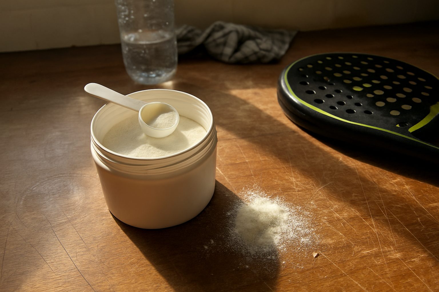 Pote de colágeno hidrolisado aberto com colher suja de pó branco sobre bancada de madeira arranhada, com raquete de padel parcialmente cortada pela borda direita do quadro