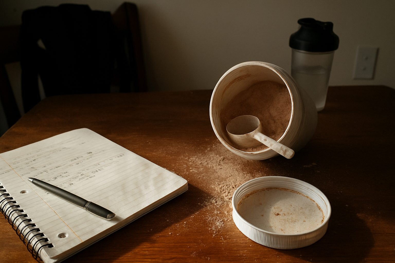 Pote de proteína em pó aberto com colher suja apoiada na borda, caderno de treino com anotações ao lado sobre mesa de madeira
