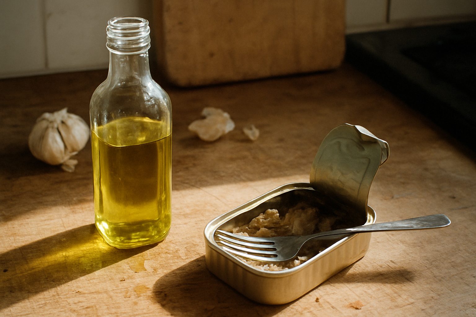 Pote de azeite de oliva extra virgem aberto ao lado de sardinha em lata já aberta com garfo apoiado dentro, sobre tábua de madeira com marcas de uso