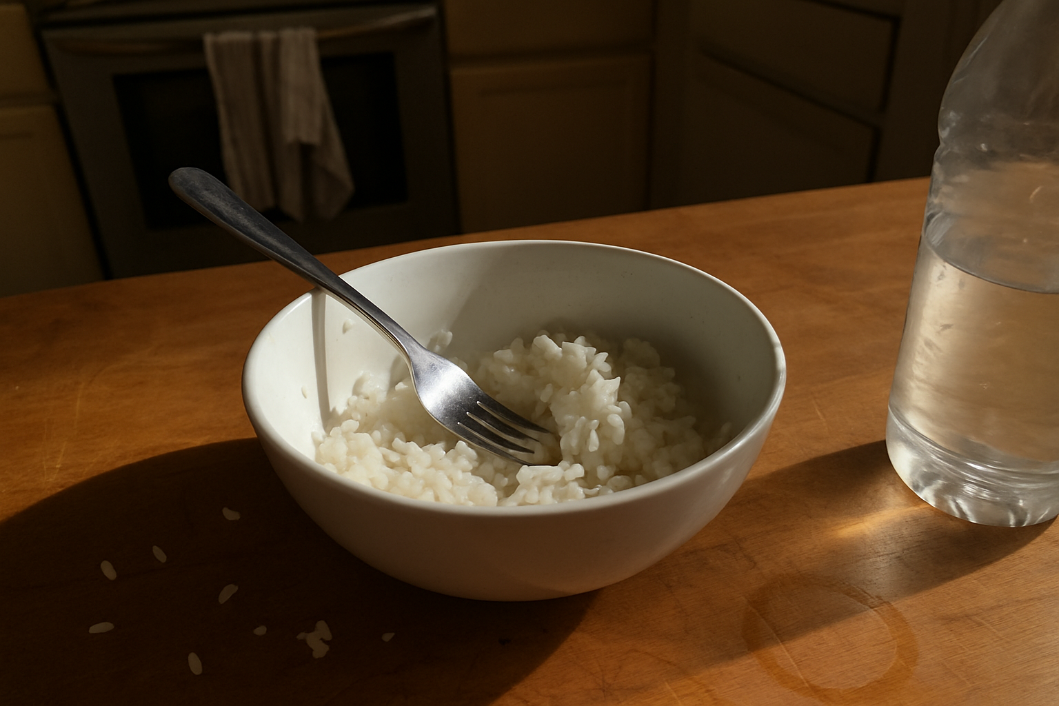 Tigela de arroz já servida com garfo apoiado dentro, parcialmente comida, sobre mesa de madeira riscada com migalhas ao redor, garrafa d'água com marca de dedo ao fundo levemente desfocada