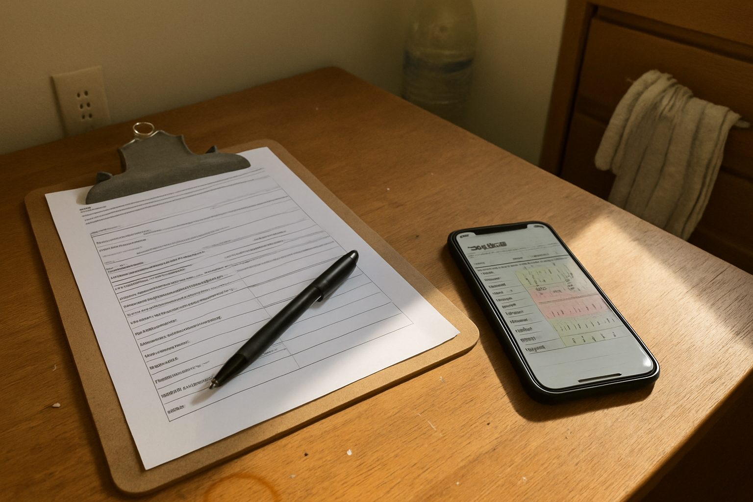 Prancheta com questionário parcialmente preenchido sobre uma mesa de madeira riscada, ao lado de um celular desbloqueado com planilha de evolução visível na tela e uma caneta com a tampa fora