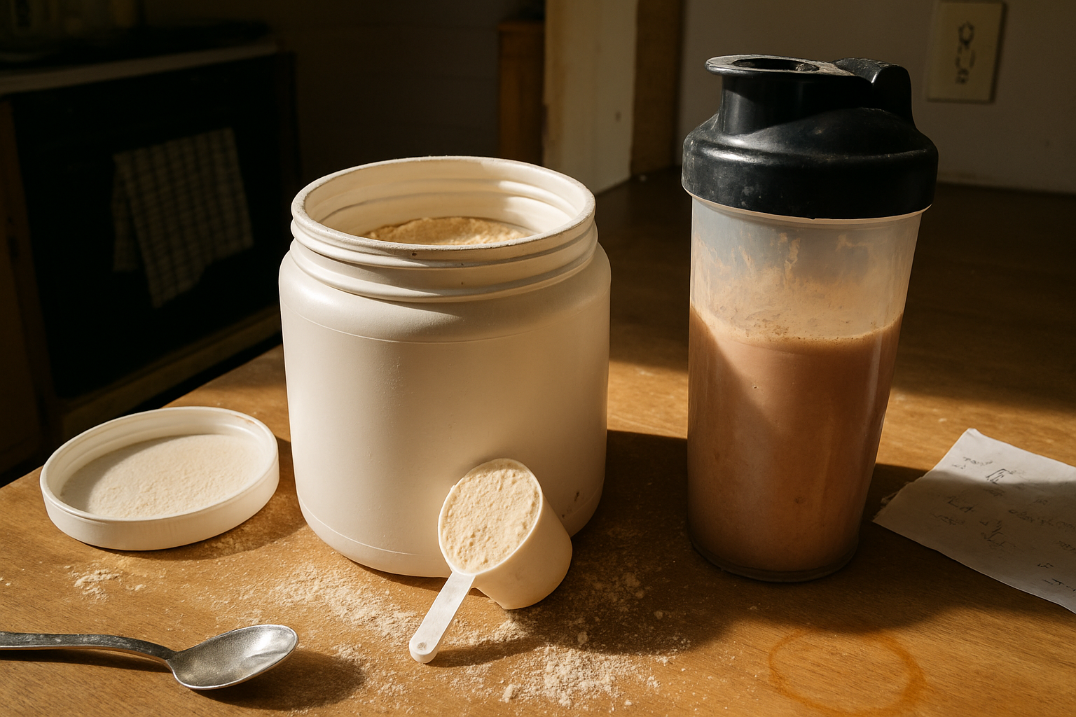 Pote de proteína em pó aberto com colher suja sobre bancada de cozinha, ao lado de um copo com resto de shake e anotações em papel amassado