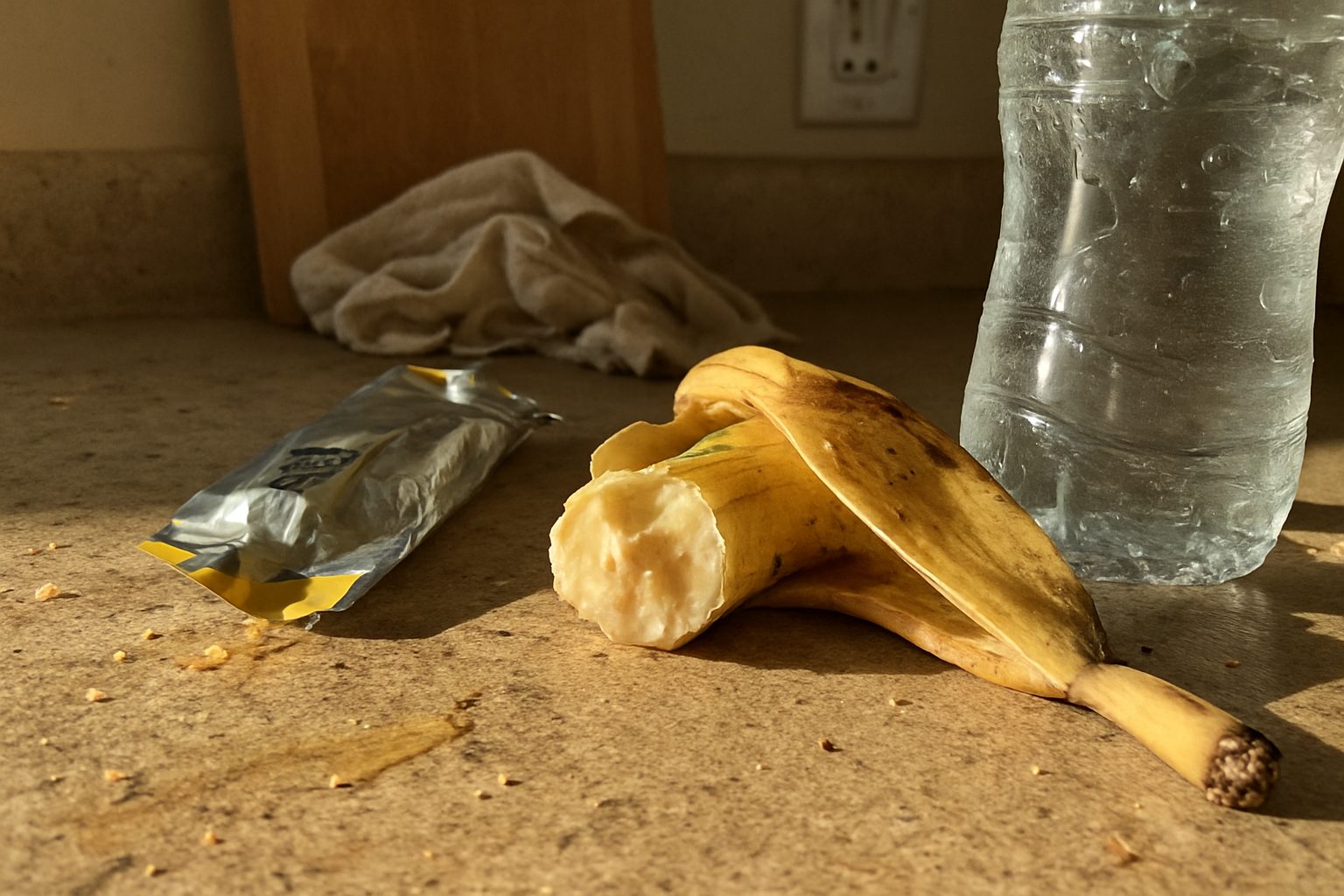 Pote de gel de carboidrato aberto com tampa virada ao lado, banana pela metade e garrafa de água com marca de dedo sobre bancada de cozinha com migalhas