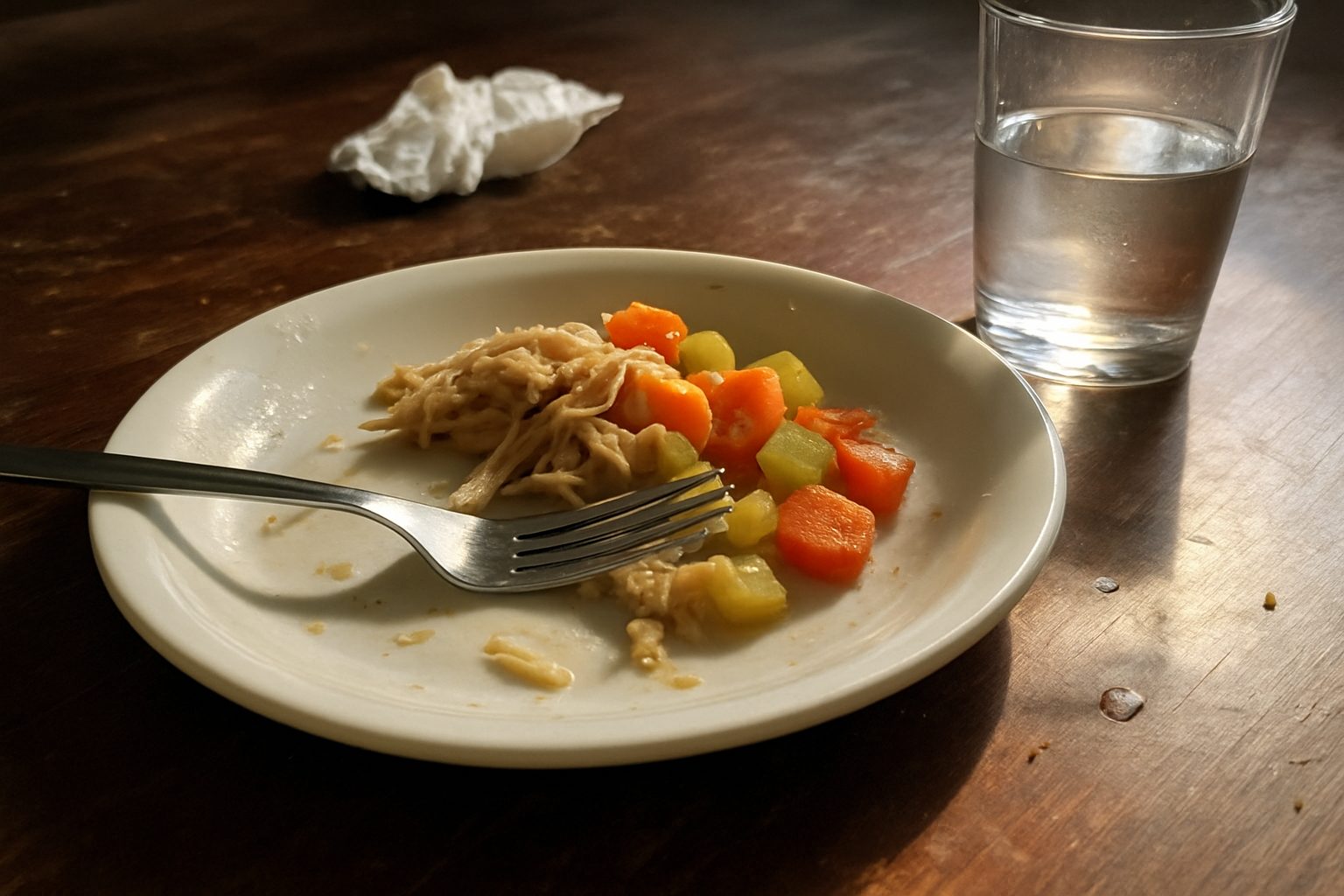 Prato raso com frango desfiado e legumes cozidos pela metade, garfo apoiado sobre a comida, sobre mesa de madeira com arranhados