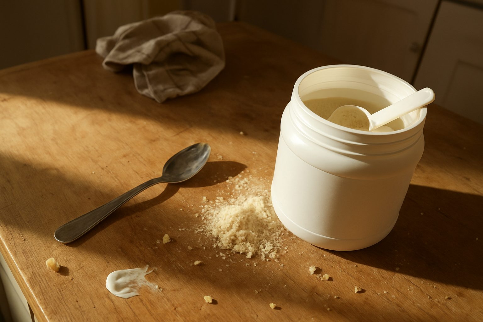 Pote aberto de whey protein com colher suja de pó ao lado, sobre bancada de madeira riscada com migalhas espalhadas