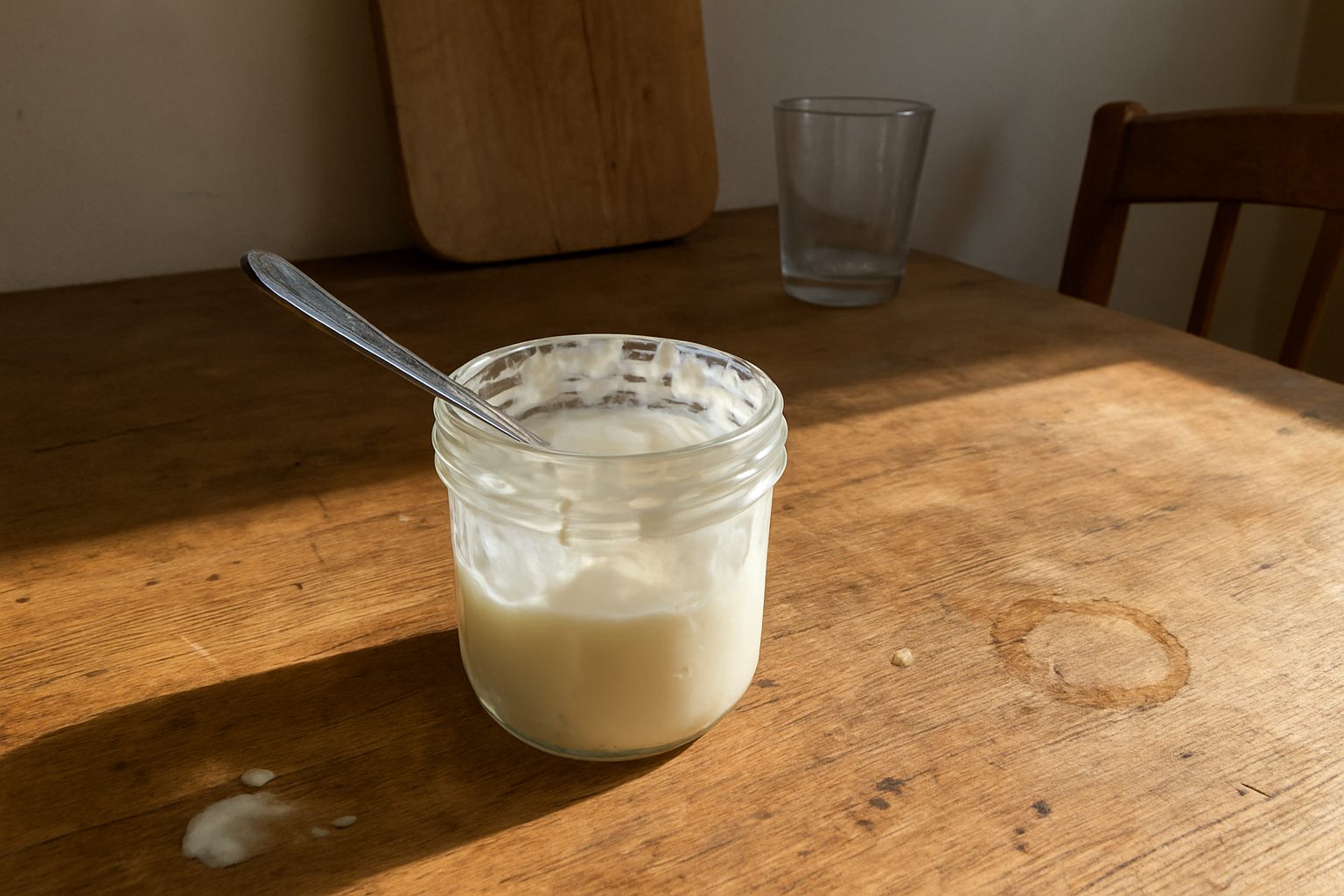 Iogurte natural em pote de vidro aberto com colher suja apoiada na borda, sobre uma mesa de madeira com respingos de iogurte ao redor