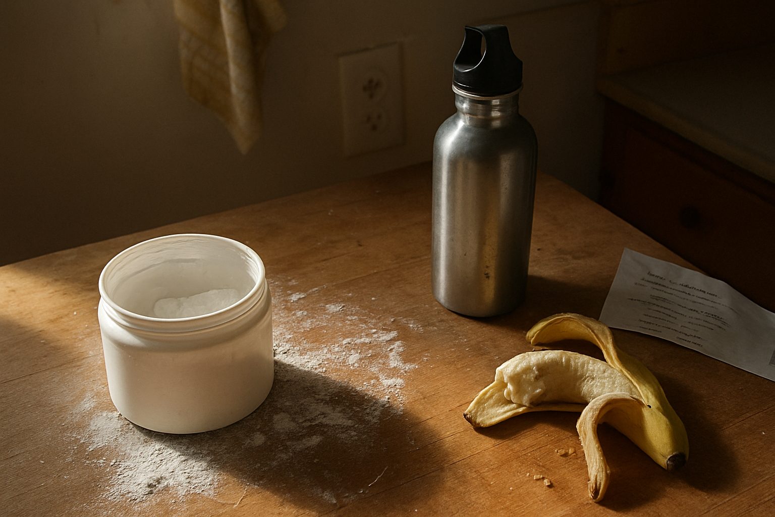 Pote aberto de probiótico em pó sobre uma bancada de cozinha com rastros de pó branco espalhados, ao lado de uma garrafinha esportiva amassada e uma banana pela metade