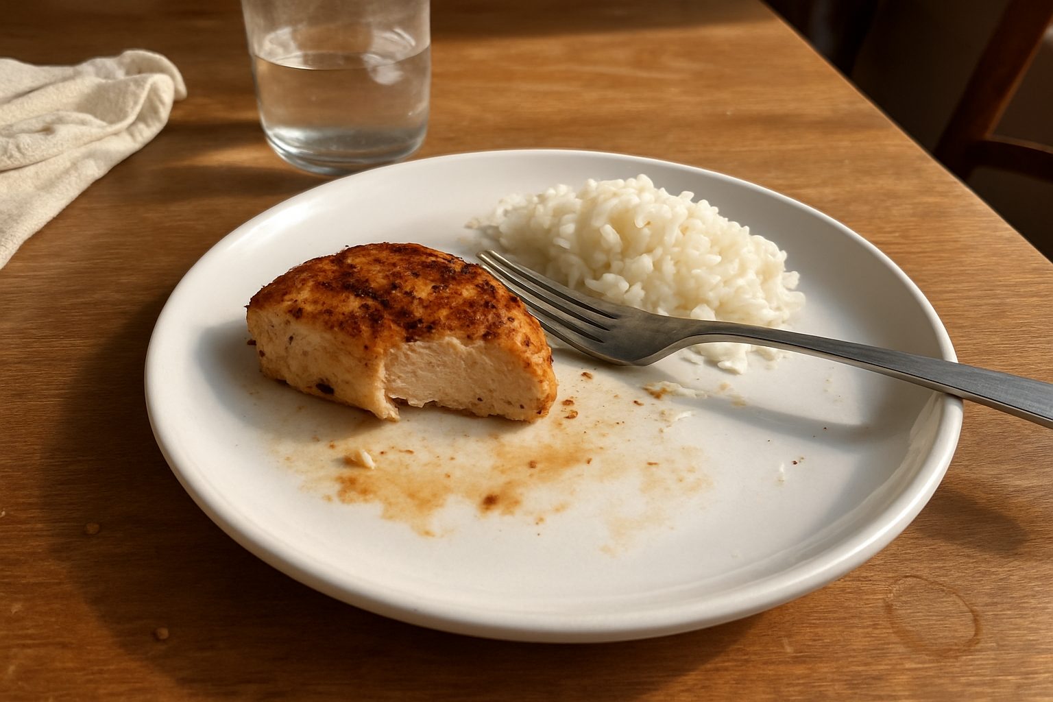 Prato com frango grelhado cortado ao meio, arroz ao lado e garfo apoiado sobre a comida em uma mesa comum com pano de prato torto ao fundo