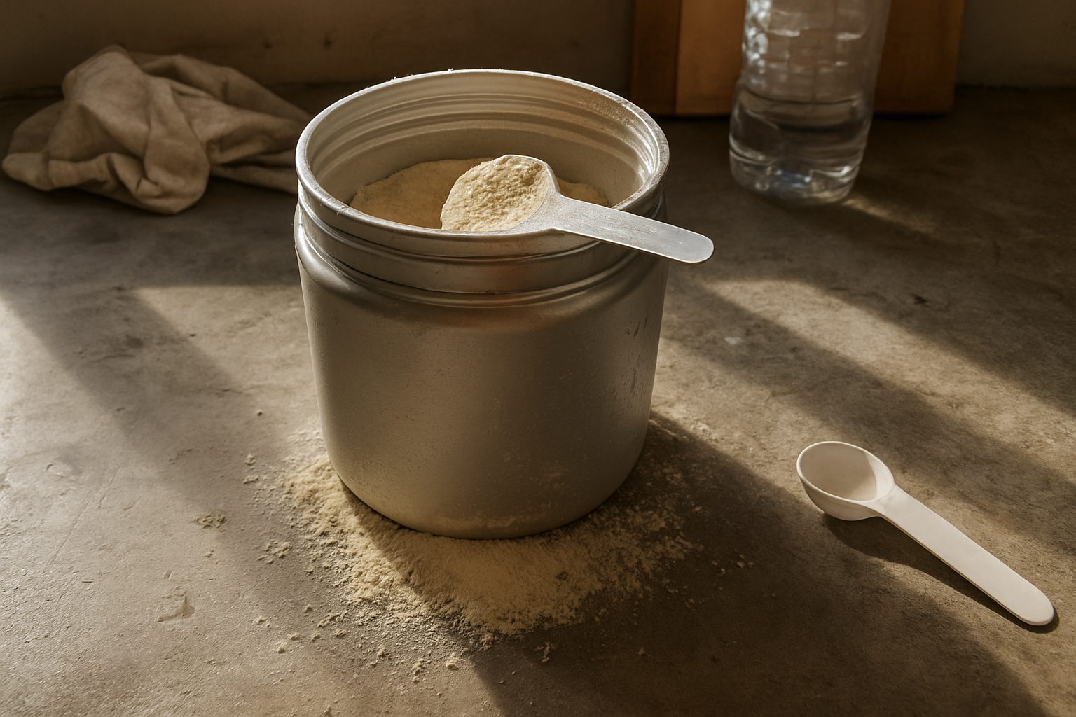 Pote de proteína em pó aberto sobre bancada de cozinha com colher suja de whey ao lado, migalhas e uma garrafa de água pela metade ao fundo