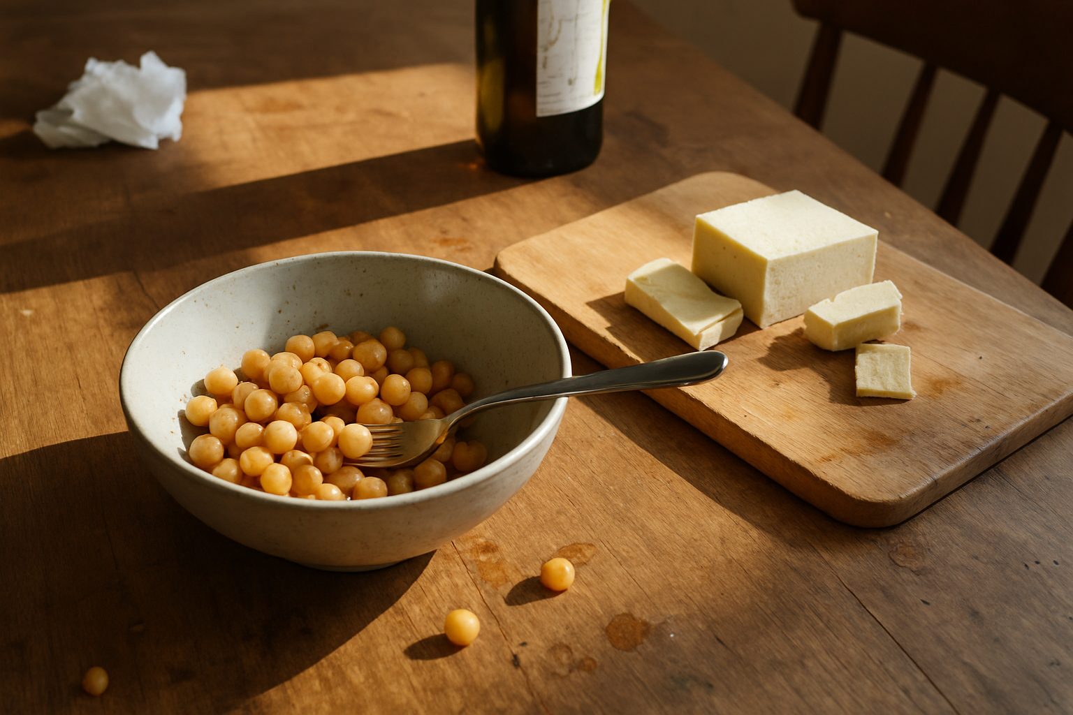 Tigela de grão-de-bico cozido já pela metade com garfo apoiado dentro, ao lado de tofu em fatias numa tábua riscada
